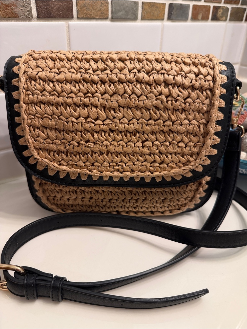 Moda Luxe Tan Woven Crossbody with Black Trim - Picture 1 of 7